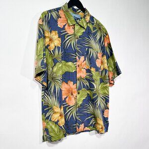 Bermuda Bay‎ 100% Silk Shirt Tropical Flowers Leaves Button Down Size L